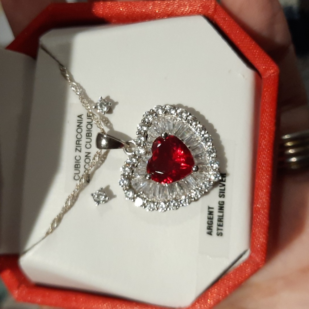 NIB GENUINE SOLID STERLING SILVER RUBY CZ HEART HALO NECKLACE & EARRINGS SET 🎁♥